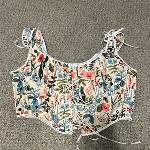 Floral Lace-Up Crop Top - Cream Multi
